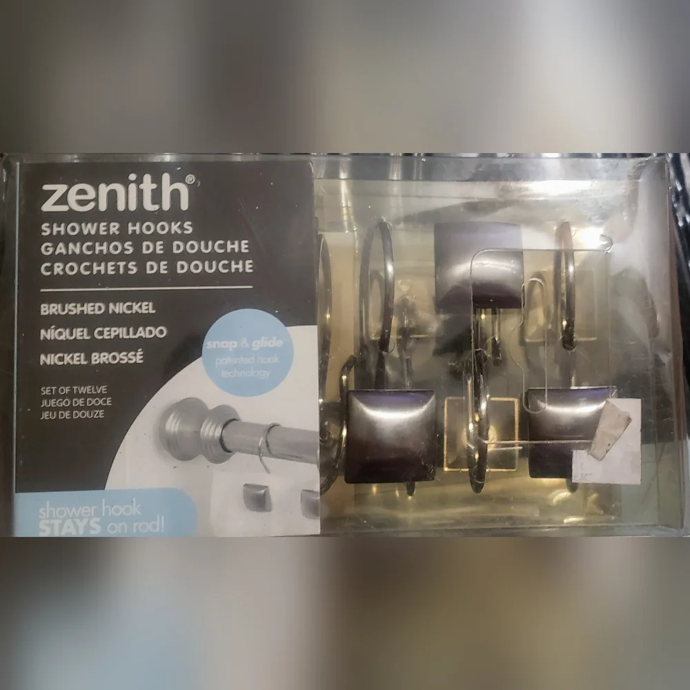Black Weston Shower Curtain and Zenith Hooks Brushed Nickel NWT